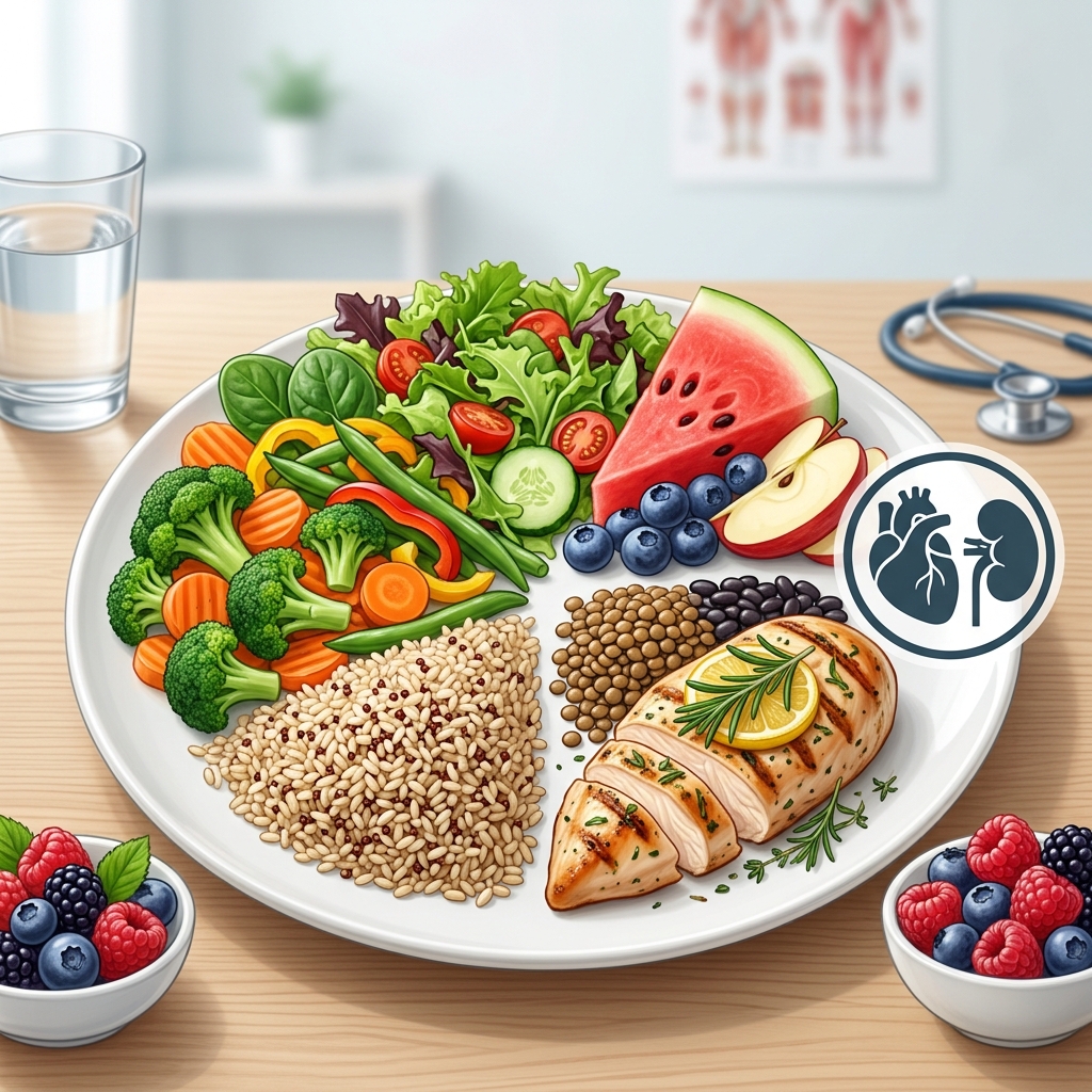 Prato equilibrado com vegetais, grãos e proteínas ilustrando a dieta DASH