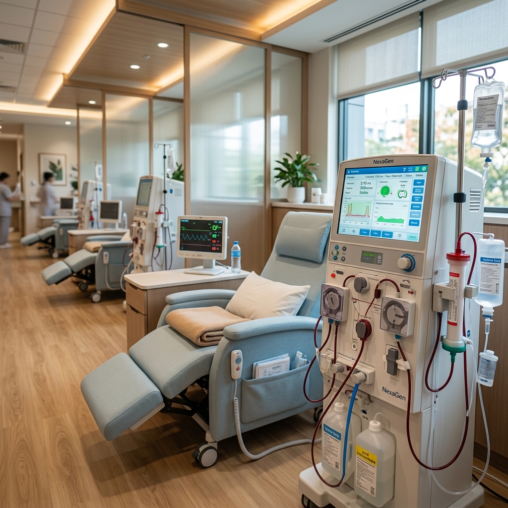 Ambiente de clínica de hemodiálise moderna e humanizada, foco no reajuste SUS.
