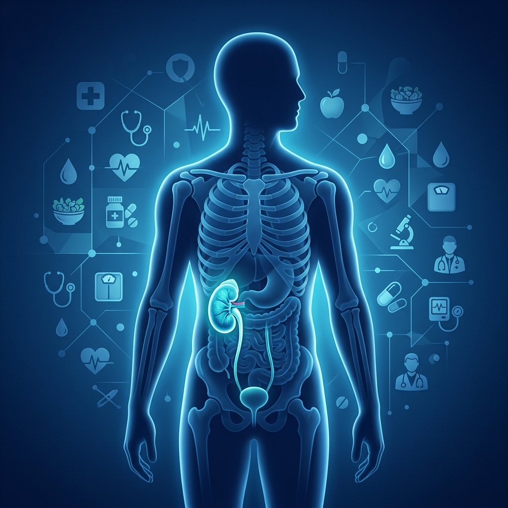 Ilustração médica de uma silhueta humana destacando um rim saudável