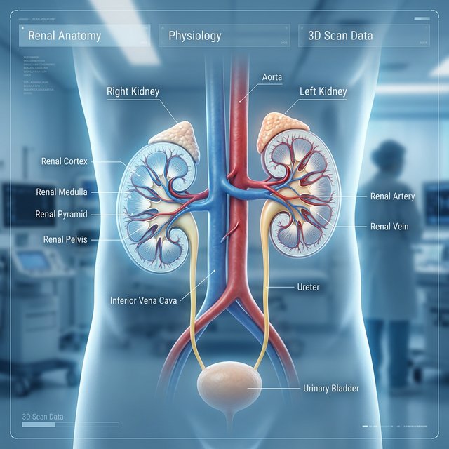 Anatomia renal detalhada mostrando a localização dos rins e bexiga.
